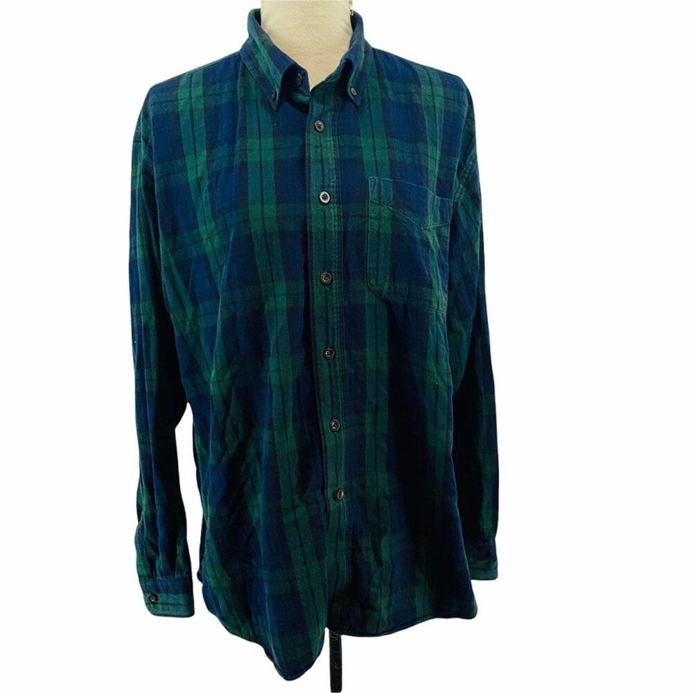 L L Bean Blue Green Plaid Long Sleeve Button Down Shirt Mens Large